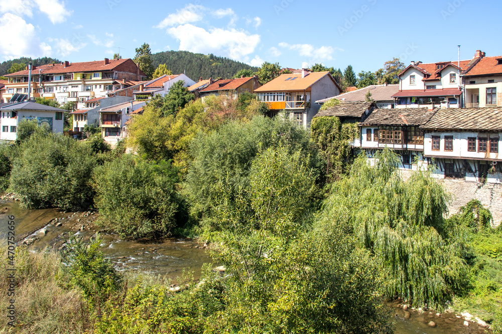 Panoramic view of center of town of Troyan, Bulgaria