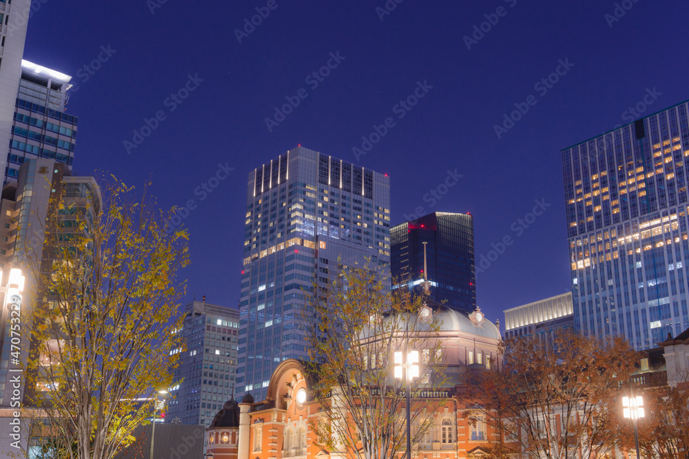Obraz premium 東京都千代田区丸の内の東京駅周辺の夜の都市景観