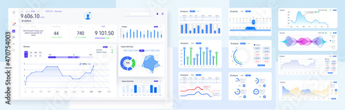 Modern presentation with infographics, dashboard UI, UX, KIT, great design for any site purposes chart, graph, financial data in a flat style. Clean and simple application interface design. Vector photo