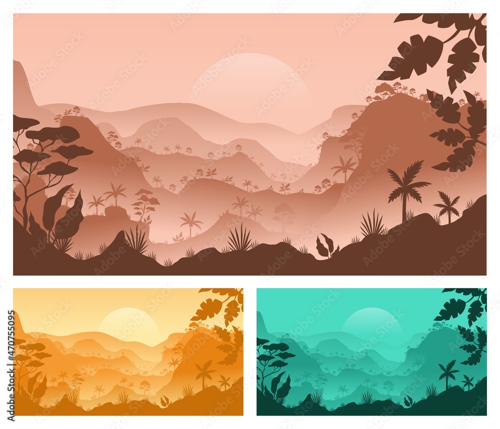 A set of mountain vector landscapes in flat style. 3 collections of scenery. Mountain view, forest trees. Minimalist style design for posters, book covers, banners, flyers, gift cards.