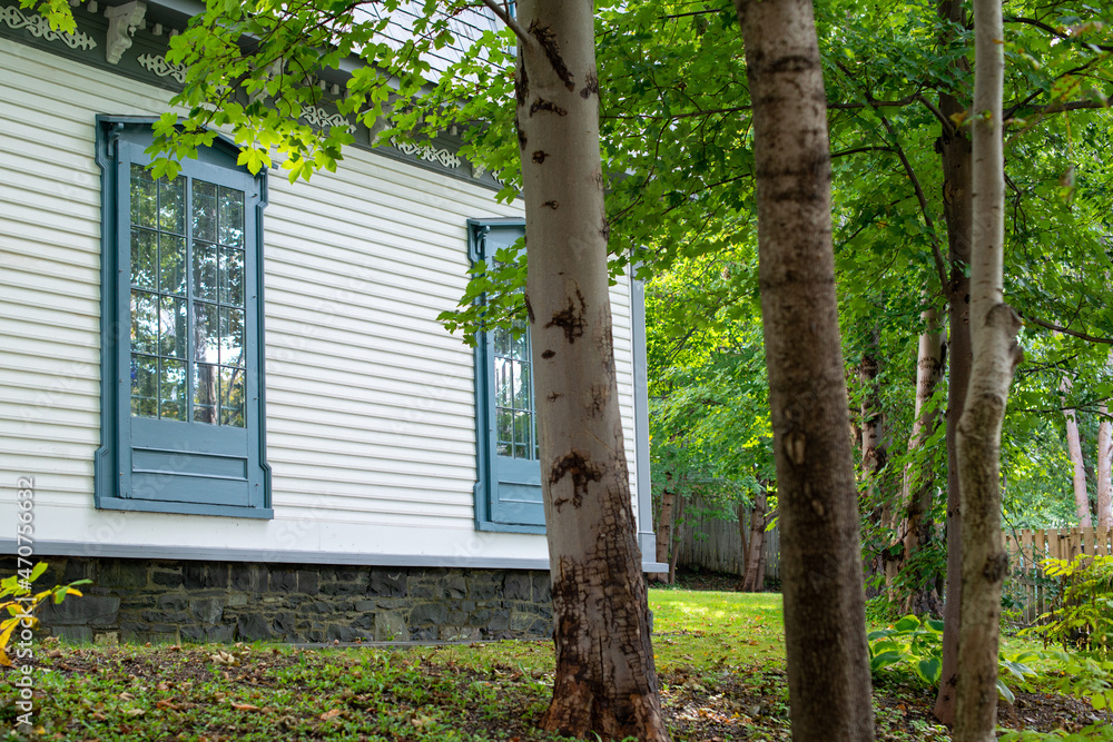 Two tall blue Second Empire style windows in a white wooden house with ornate trim, wooden applique brackets, and dentils on the exterior of the vintage house. There's a lush garden in the foreground. Two tall blue Second Empire style windows in a white wooden house with ornate trim, wooden applique brackets, and dentils on the exterior of the vintage house. There's a lush garden in the foreground.