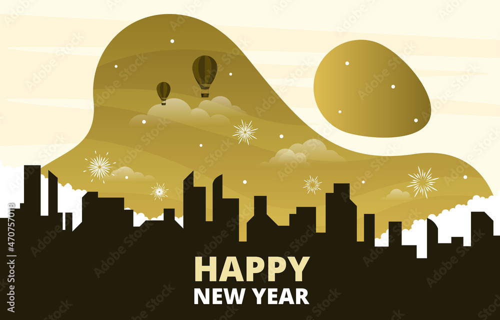 Obraz premium Cityscape City Building Happy New Year Celebration Card Vector Illustration