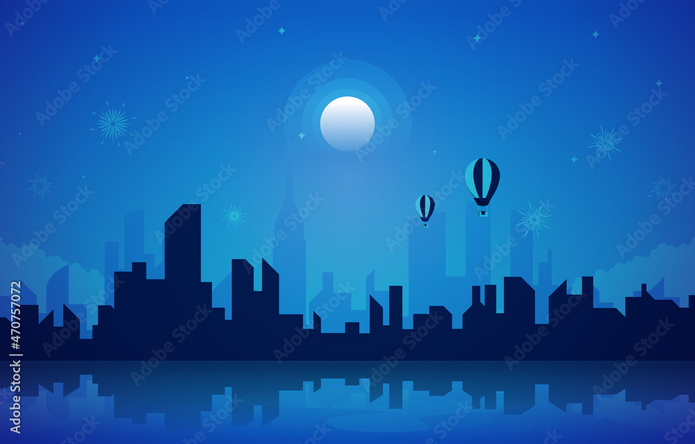Night City Building Water Reflection New Year Card Vector Illustration