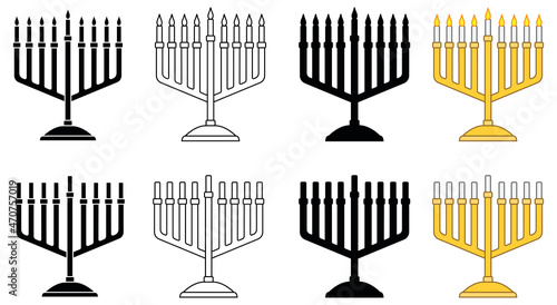 Angled Hanukah Menorah Clipart Set - Outline, Silhouette and Color
