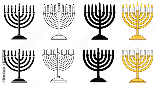 Rounded Hanukah Menorah Clipart Set - Outline, Silhouette and Color