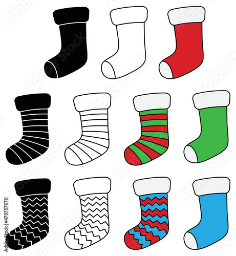 Christmas Stocking Clipart Set - Outline, Silhouette and Color