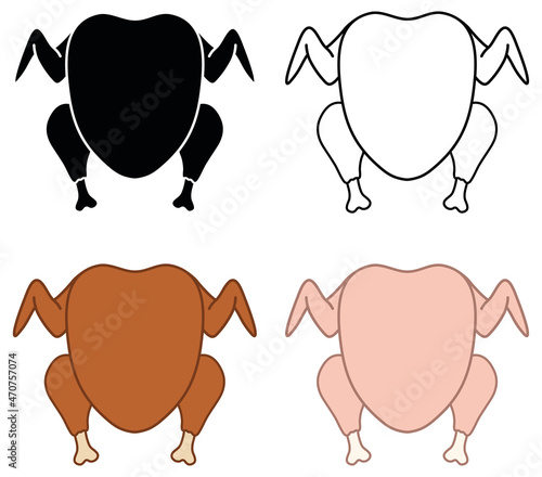 Turkey Dinner Top View Clipart Set - Outline, Silhouette, Cooked and Raw