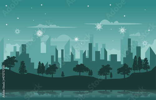 Snowfall City Building New Year Celebration Card Vector Illustration