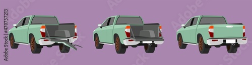 Cartoon vector or illustration. Status of the green truck car from normal car to the rear side of car was slightly damaged. until the car was severely damaged Damage the entire rear end.