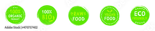 Fresh healthy organic vegan food set logo labels and tags the different design and green color. Vector hand drawn illustration.