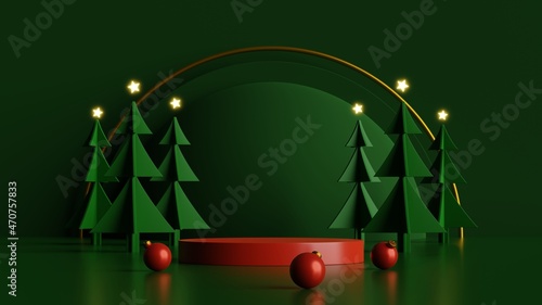 Minimal scene with red podium and pine trees on midnight green background.Merry christmas and happy new year presentation.3d rendering illustration.