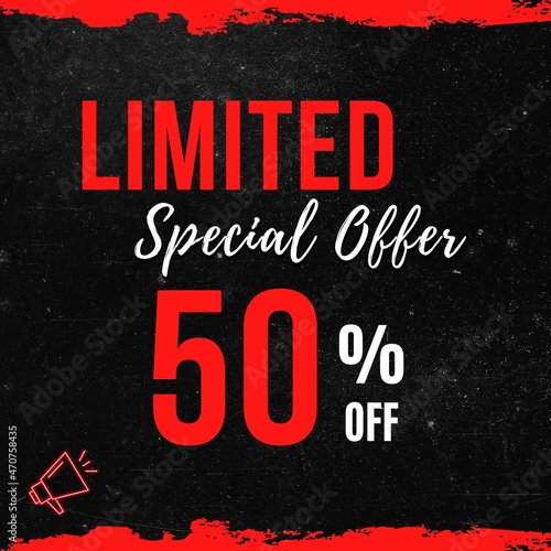 Limited 50% Percent special offer, 50 Percent Black Friday promotional banner, discount text, black color
