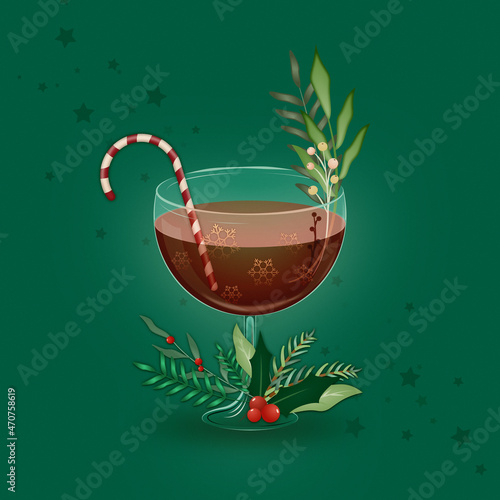 Kieliszek wina i świąteczne dekoracje do świętowania Bożego Narodzenia i Nowego Roku. Koktajl z żurawiną w wysokiej szklance. Celebracja zimy, koncept świąt i imprezy.