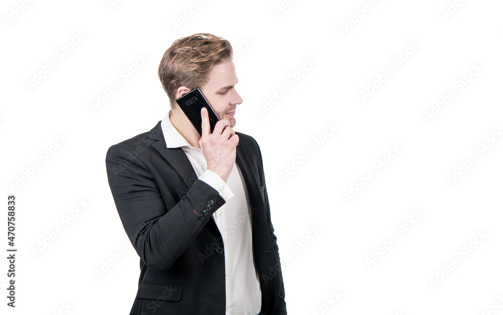 Business man in formalwear talk on cellphone isolated on white copy space, mobile talking Business man in formalwear talk on cellphone isolated on white copy space, mobile talking