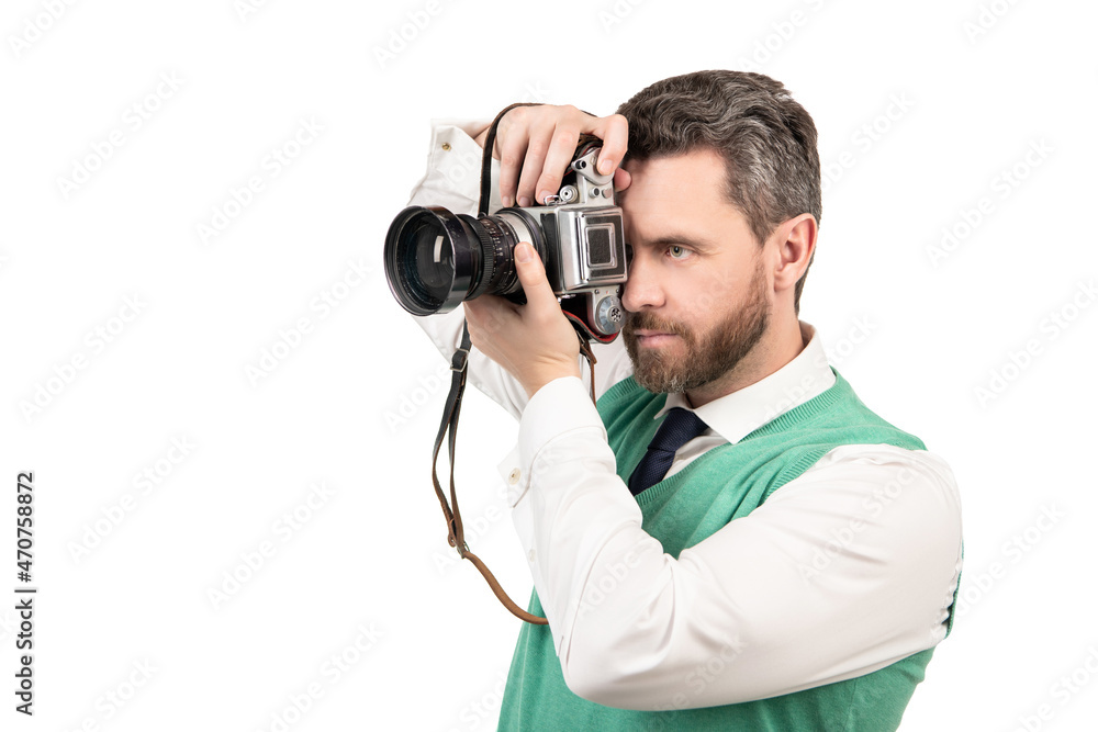 guy taking camera with retro camera isolated on white backdrop, copy space, photographing guy taking camera with retro camera isolated on white backdrop, copy space, photographing