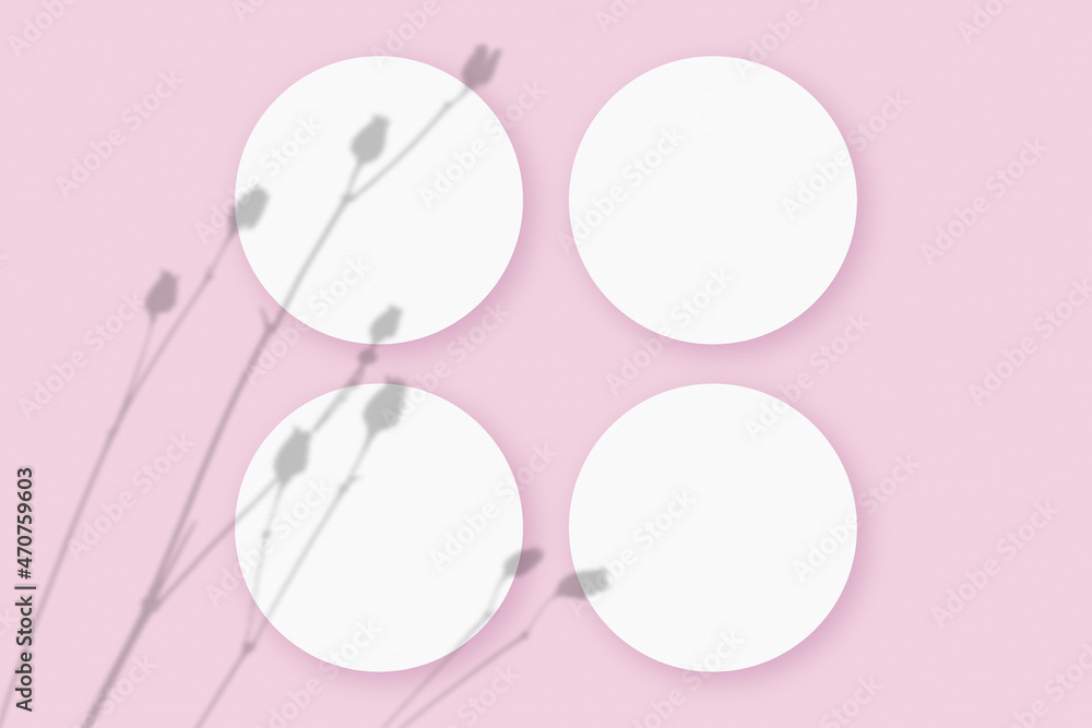 Mockup with vegetable shadows superimposed on 4 round sheets of textured white paper on a pink table background Mockup with vegetable shadows superimposed on 4 round sheets of textured white paper on a pink table background