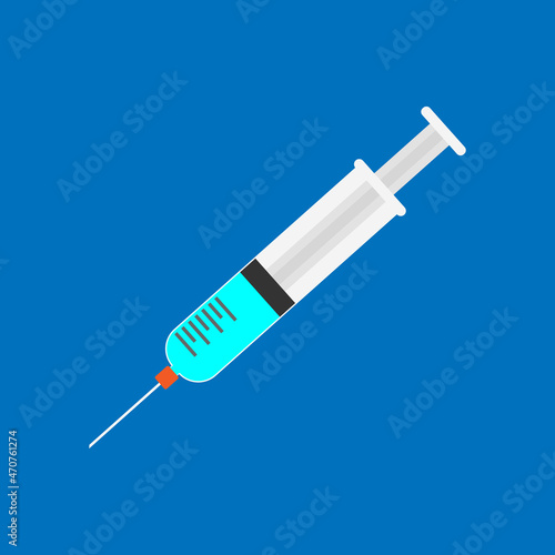 clinical syringe with hypodermic needle contains green liquid medicine or vaccine for injection isolated on blue background