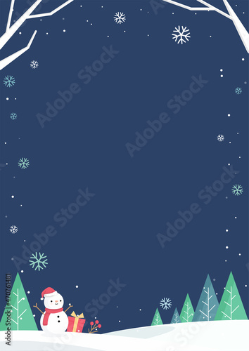 크리스마스 눈내리는 겨울밤 풍경 일러스트. 세로 