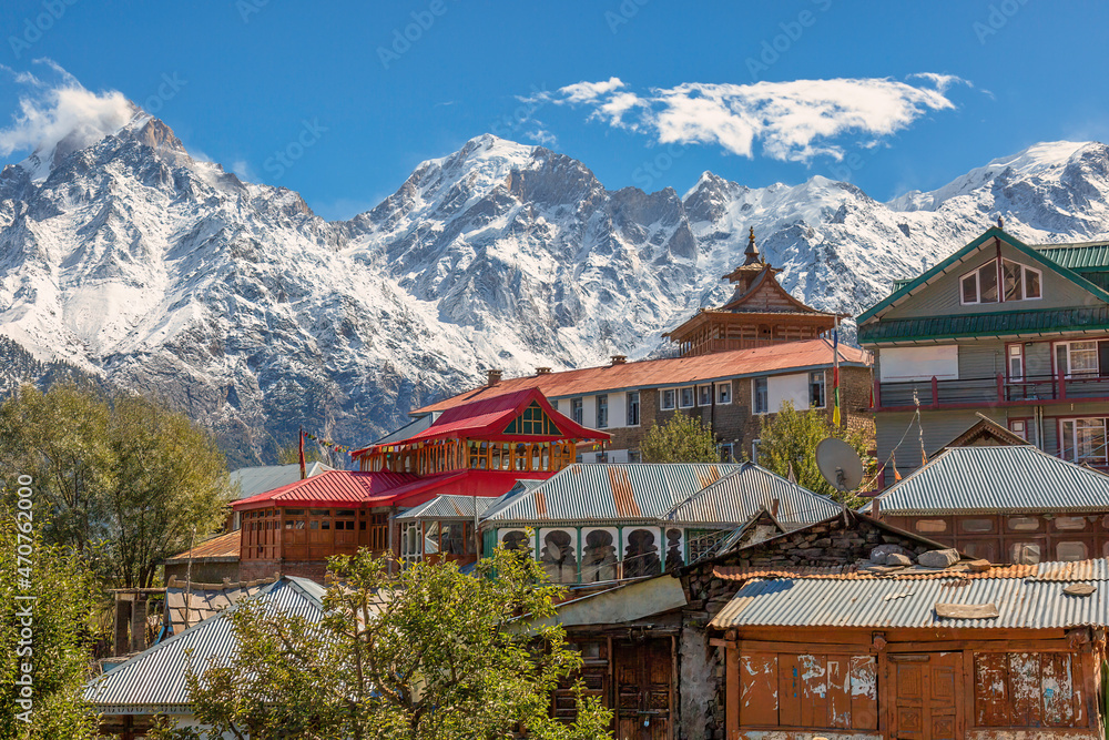 Himalayan village town of Kalpa with Kailash mountain snow peaks at Himachal Pradesh India.