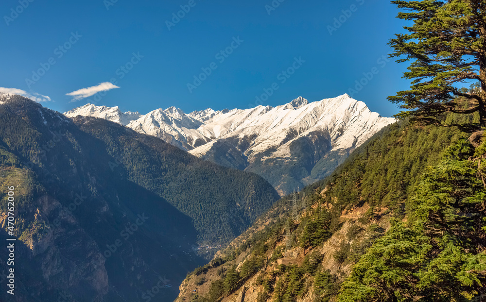Scenic Indian hill station Kalpa at Himachal Pradesh with view of Kailash Himalaya mountain range