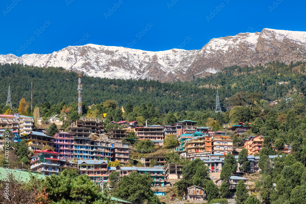 Small village town in Himachal Pradesh, India near Reckong Peo with scenic Himalayan landscape