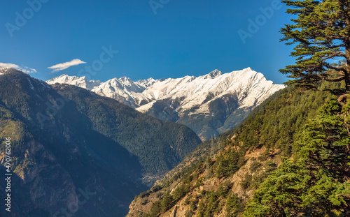 Scenic Indian hill station Kalpa at Himachal Pradesh with view of Kailash Himalaya mountain range