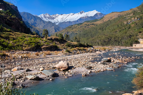 Beautiful Satluj river with scenic Kinnaur Himalaya mountain range near Sarahan Himachal Pradesh, India