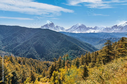 Scenic mountain landscape with Himalayan range at Sarahan Himachal Pradesh, India