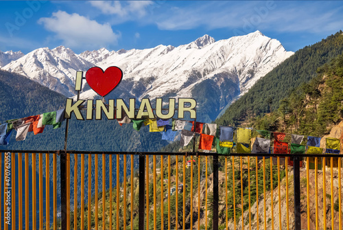 Tourist view point with majestic Kinnaur Kailash Himalaya mountain range with snow peaks at Kalpa Himachal Pradesh, India