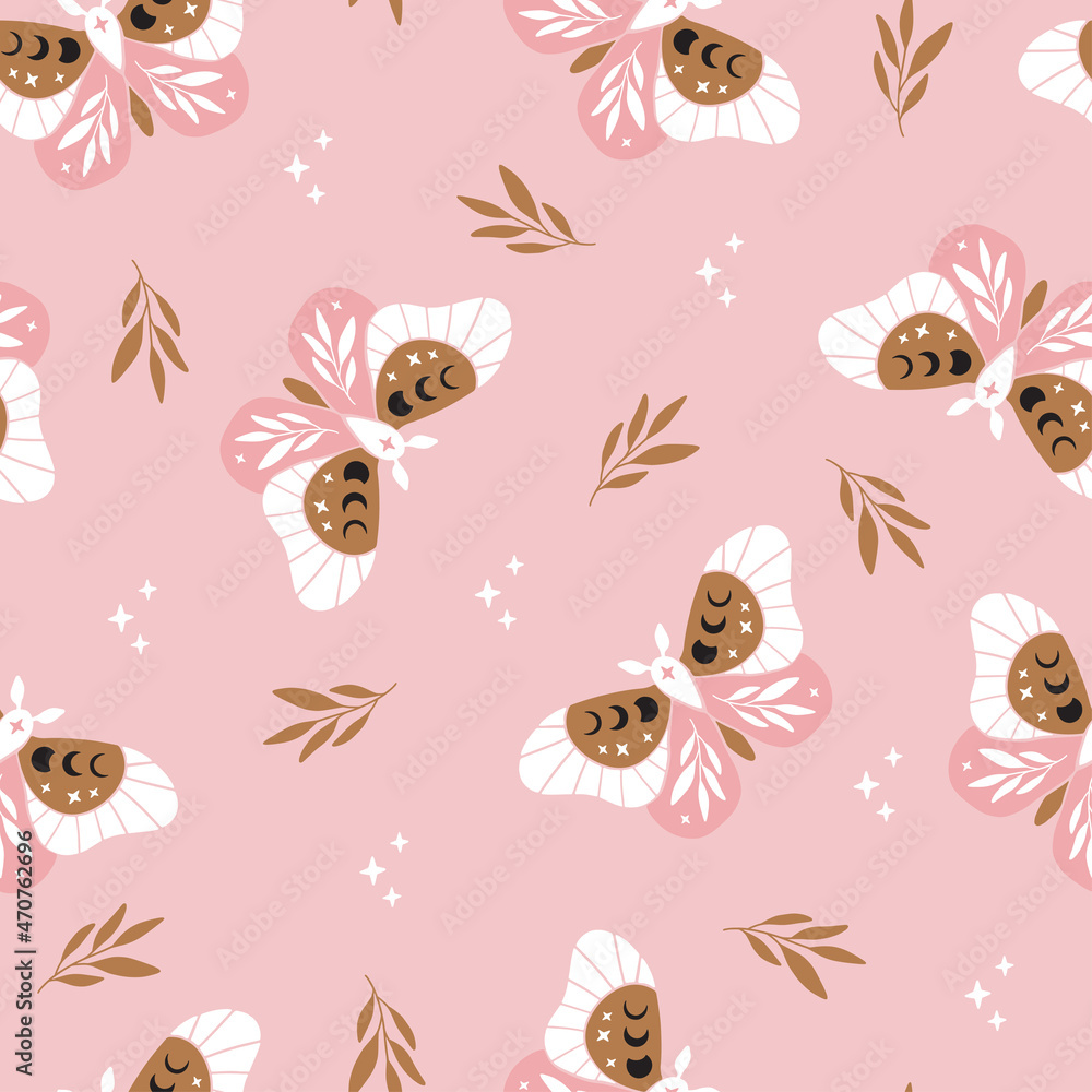 Vector seamless pattern - celestial butterfly with moon phases, floral branch. Mystical insect luna moth on pink background. Design for magic print, fabric, wallpaper, textile, magical decor. Vector seamless pattern - celestial butterfly with moon phases, floral branch. Mystical insect luna moth on pink background. Design for magic print, fabric, wallpaper, textile, magical decor.