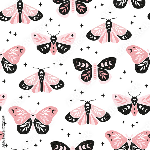 Magical vector seamless pattern - Celestial butterfly with moon phases, stars. Mystical insect luna moth on white background. Design for boho print, fabric, apparel, textile, wallpaper.