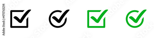 Conjunto de icono de verificación de aprobación, verde. Concepto de visto, bien, aprobado, correcto, seleccionado. Ilustración vectorial, estilo cuadrado y circular