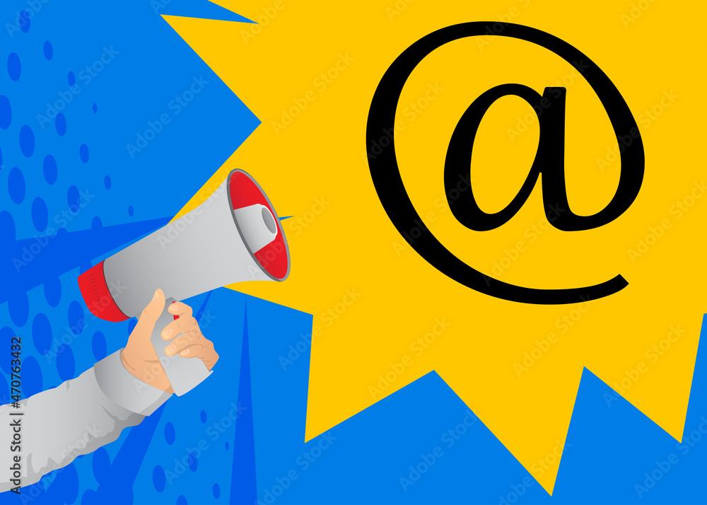 Retro megaphone with At sign, E-Mail, mail internet symbol. Attention concept announcement. Retro megaphone with At sign, E-Mail, mail internet symbol. Attention concept announcement.