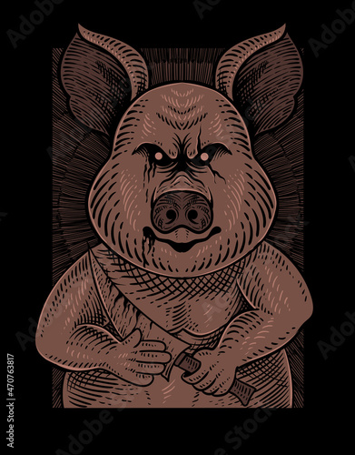 illustration vintage psychopath pig with engraving style
