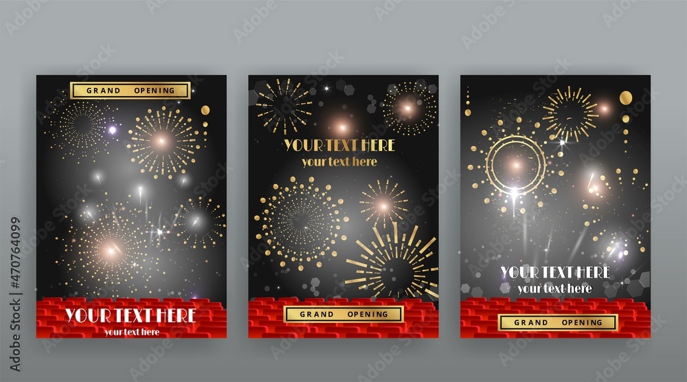 Show time, Cinema and Theatre hall with seats  red velvet curtains. Shining light bulbs vintage and luxury festival flyer templates,