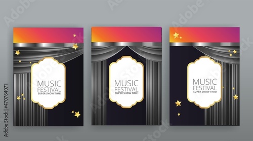 Show time, Cinema and Theatre hall with seats  red velvet curtains. Shining light bulbs vintage and luxury festival flyer templates,