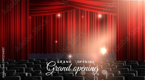 Show time, Cinema and Theatre hall with seats  red velvet curtains. Shining light bulbs vintage and luxury festival flyer templates,