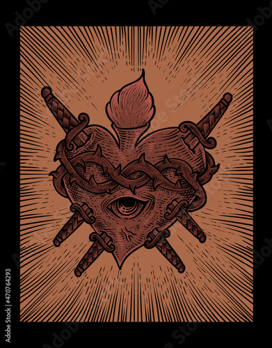 illustration antique heart attack with engraving style