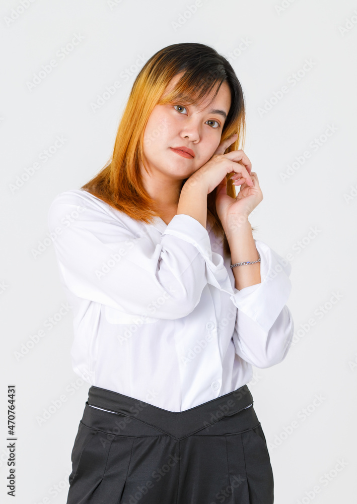 Portrait studio shot of Asian young confident female designer entrepreneur model in casual fashionable wears standing posing look at camera holding hand touch face crossed arm on white background Portrait studio shot of Asian young confident female designer entrepreneur model in casual fashionable wears standing posing look at camera holding hand touch face crossed arm on white background