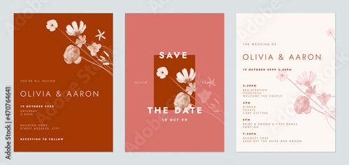 Floral wedding invitation card set template design, various monochrome flower bouquet, red theme