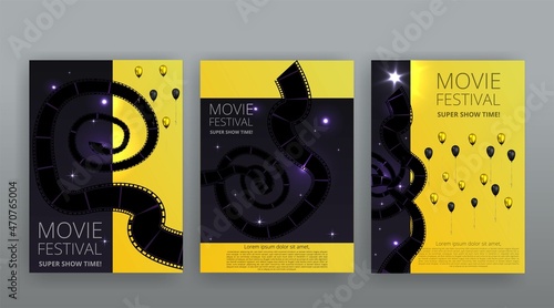 Show time, Cinema and Theatre hall with seats  red velvet curtains. Shining light bulbs vintage and luxury festival flyer templates