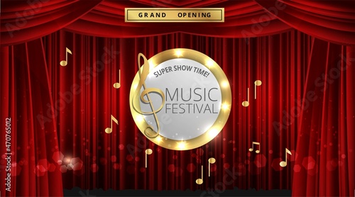 Show time, Cinema and Theatre hall with seats  red velvet curtains. Shining light bulbs vintage and luxury festival flyer templates