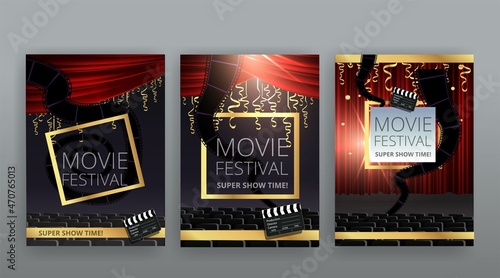Show time, Cinema and Theatre hall with seats  red velvet curtains. Shining light bulbs vintage and luxury festival flyer templates
