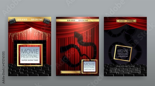 Show time, Cinema and Theatre hall with seats  red velvet curtains. Shining light bulbs vintage and luxury festival flyer templates