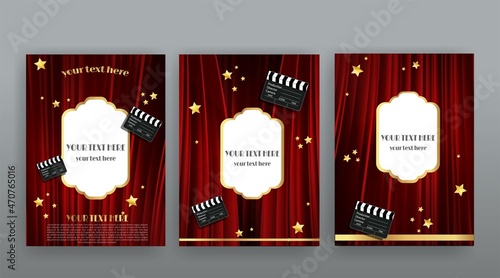 Show time, Cinema and Theatre hall with seats  red velvet curtains. Shining light bulbs vintage and luxury festival flyer templates