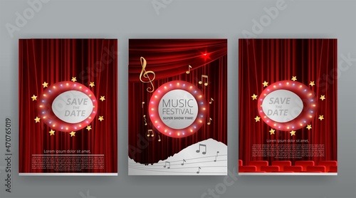 Show time, Cinema and Theatre hall with seats  red velvet curtains. Shining light bulbs vintage and luxury festival flyer templates