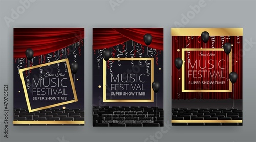 Show time, Cinema and Theatre hall with seats  red velvet curtains. Shining light bulbs vintage and luxury festival flyer templates