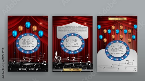 Show time, Cinema and Theatre hall with seats  red velvet curtains. Shining light bulbs vintage and luxury festival flyer templates