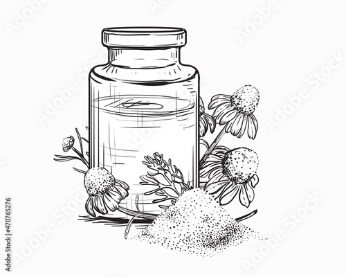 Hand drawn sketch black and white of flask, camomile, bulb. Vector illustration. Elements in graphic style label, card, sticker, menu, package. Engraved style illustration.