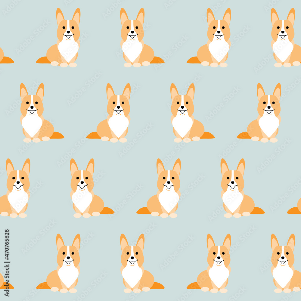 Corgi dog seamless pattern. Cute corgi sitting anfas, red and white color, with tail, on gray background. Funny cartoon pet character
